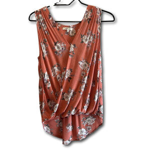 Bleuh Ciel Sleevless Blouse Breezy Wrap Tank Bubble Hem Coral Floral Woman’s Sm
